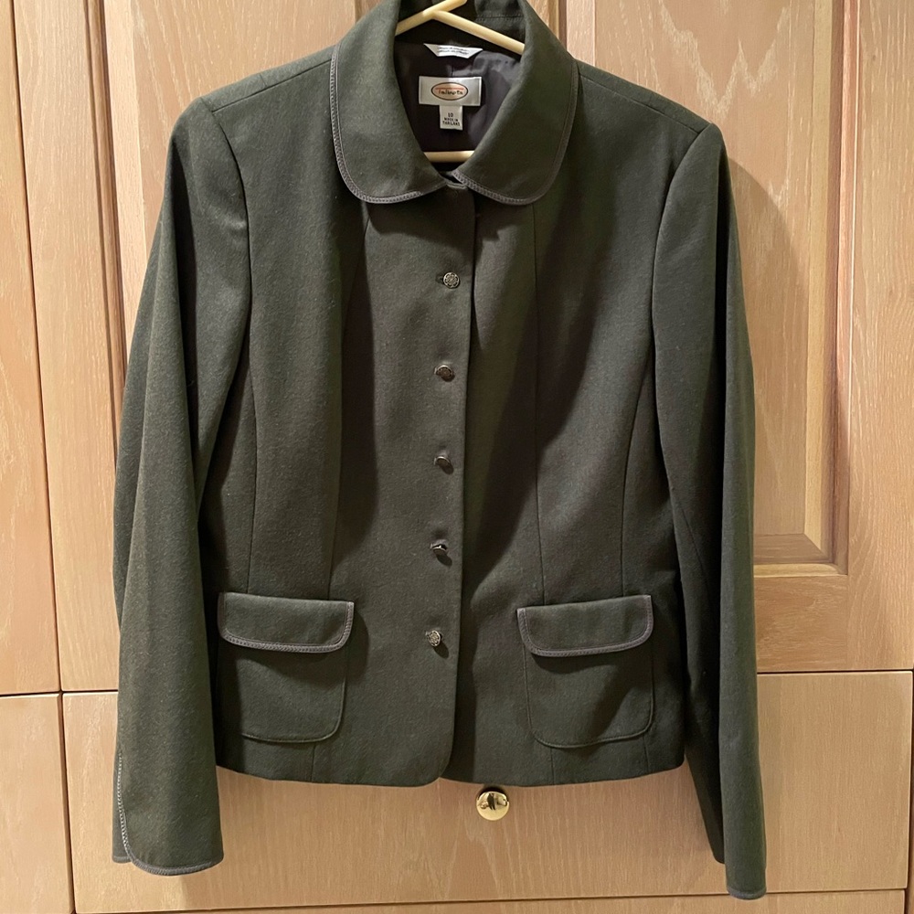 Talbots Wool Loden Green Jacket with Peter Pan Collar & Patch Pockets Size 10